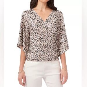 MSK Faux Wrap Top Black& White Paisley Sparkling Sequin Flattering Bell Sleeve